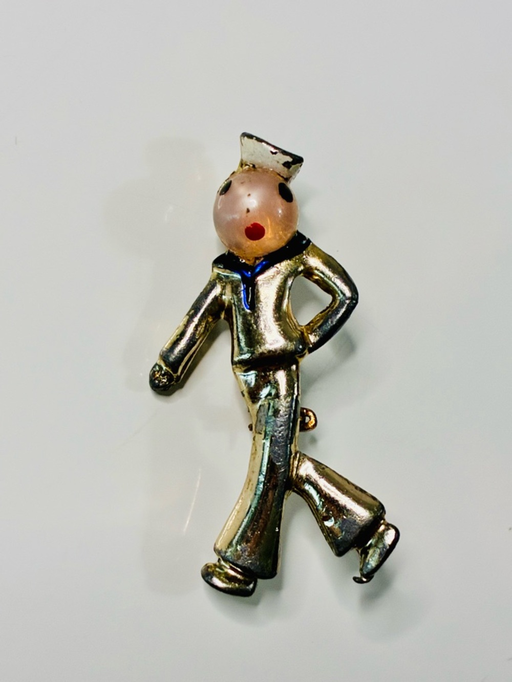 VTG WW2 Sailor Figure Enamel & Gold-Tone Pin with Pearl Head Collectible